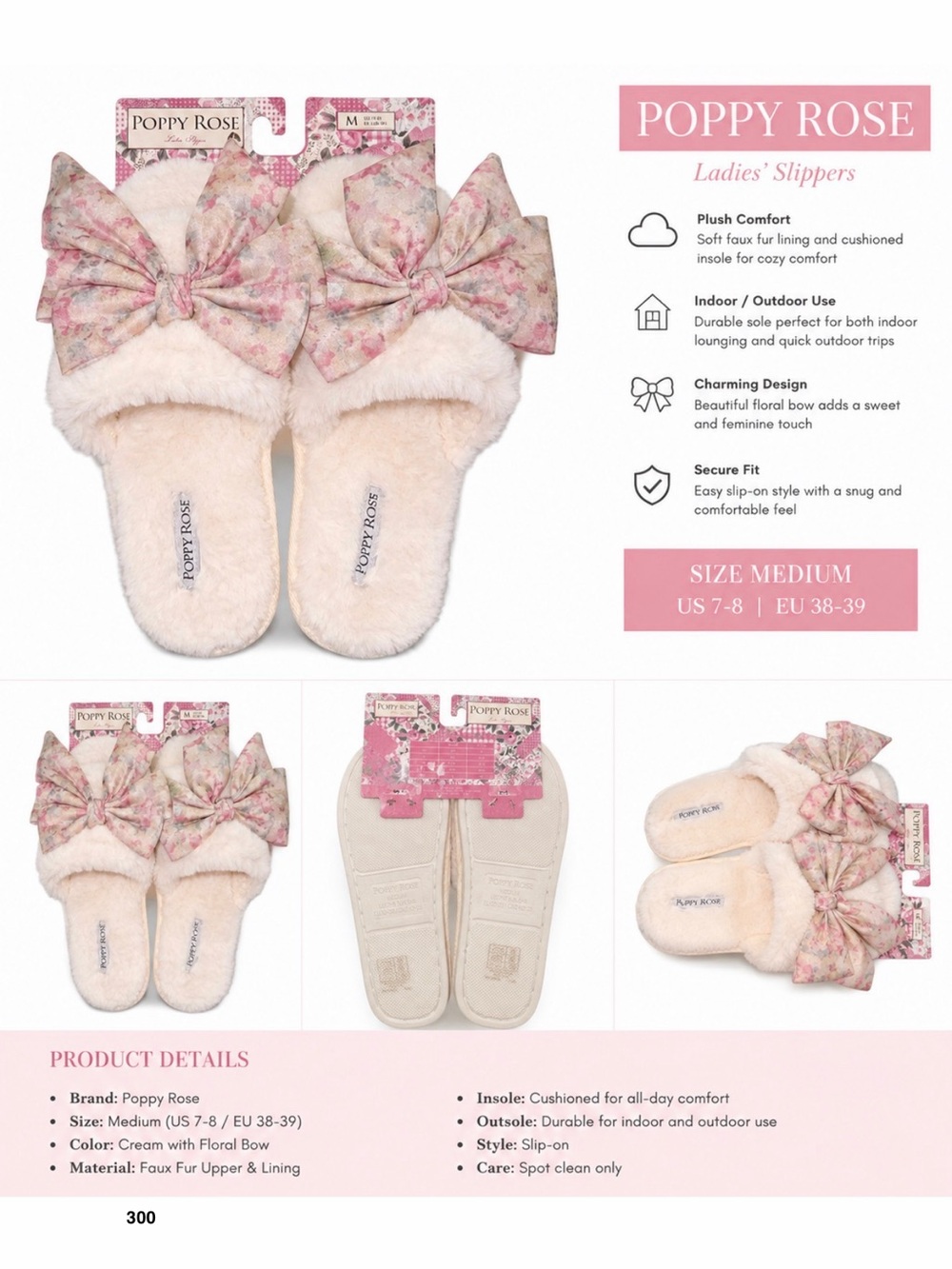 *new* Poppy Rose Floral Bow Slippers - Size Medium (7-8)